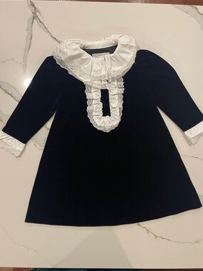 Girls' Navy Velvet Dress with White Ruffle Collar